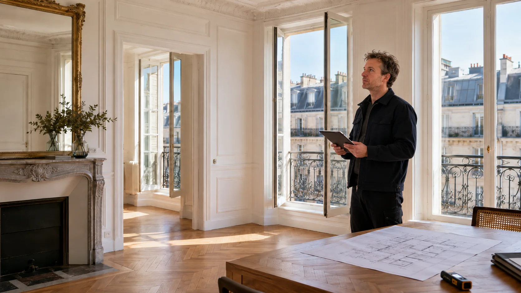 Sébastien Lachaussée, diagnostiqueur immobilier GREEN DIAG, en mise en situation dans un appartement parisien